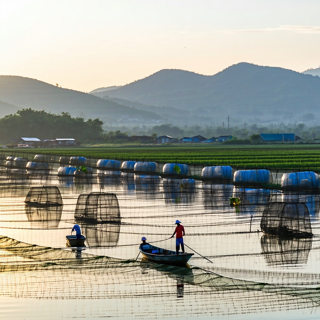 An aquaculture farm with floating fish cages on calm water workers in small boats checking the nets and green hills in the background under a soft sunrise